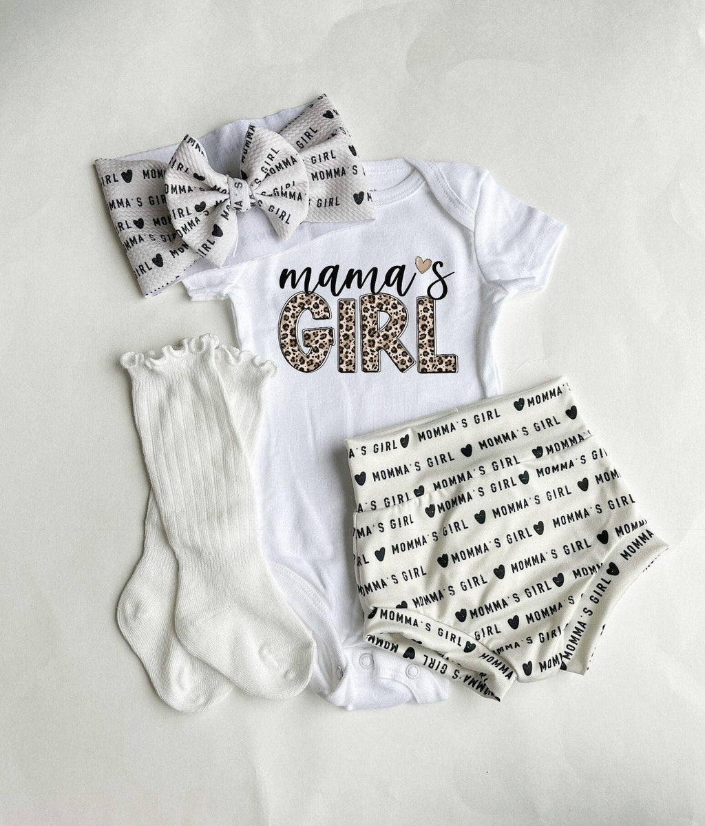 Mama's Girl Bummies, Bodysuit & Head-Wrap Bow Set