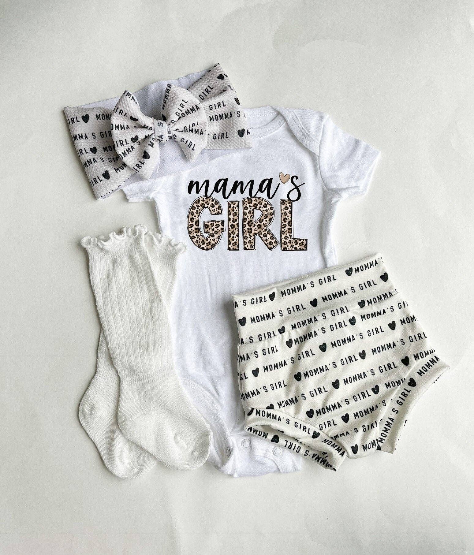Mama's Girl Bummies, Bodysuit & Head-Wrap Bow Set
