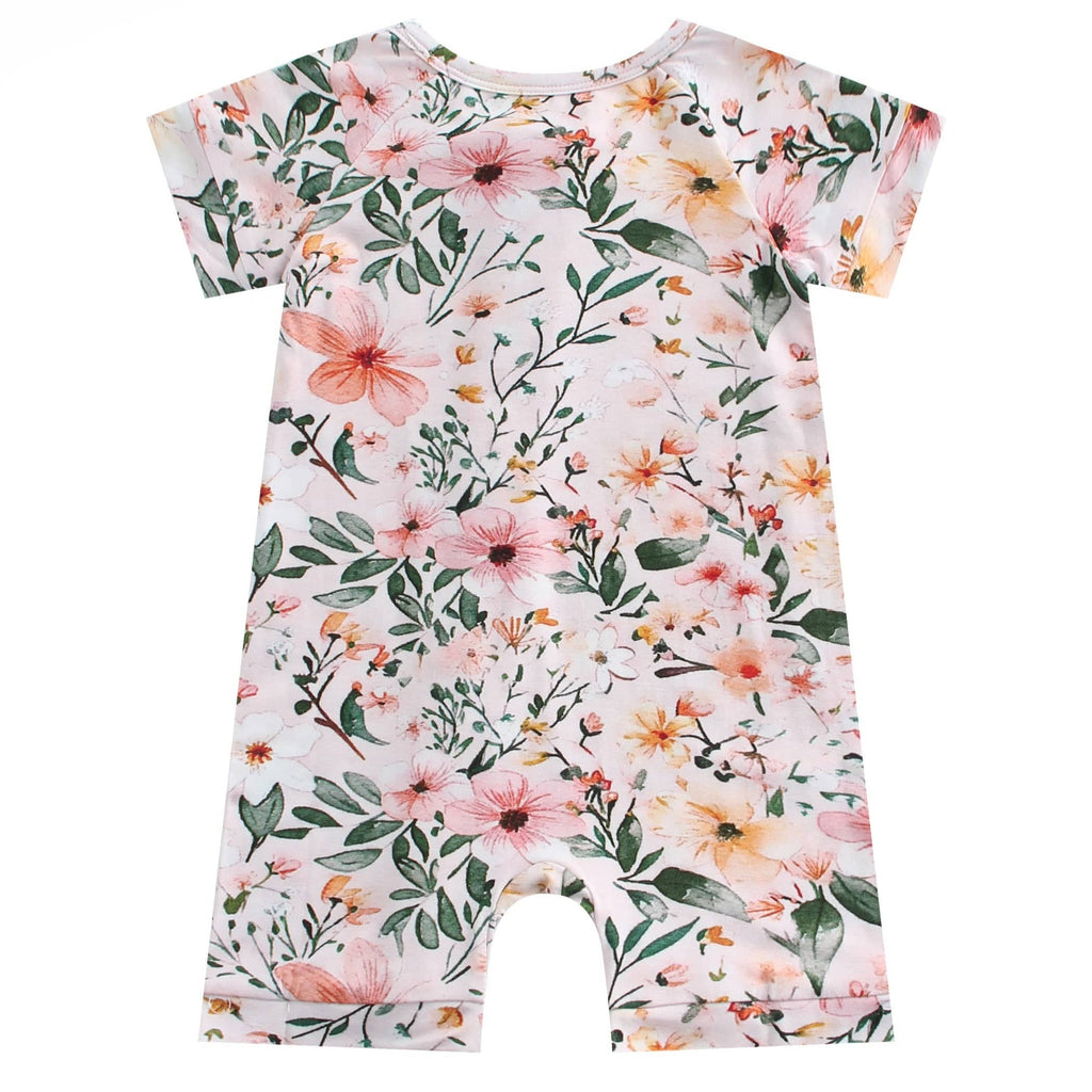 PoshTOT Pink Small Floral Print Bamboo Baby Shorty Zippy Romper