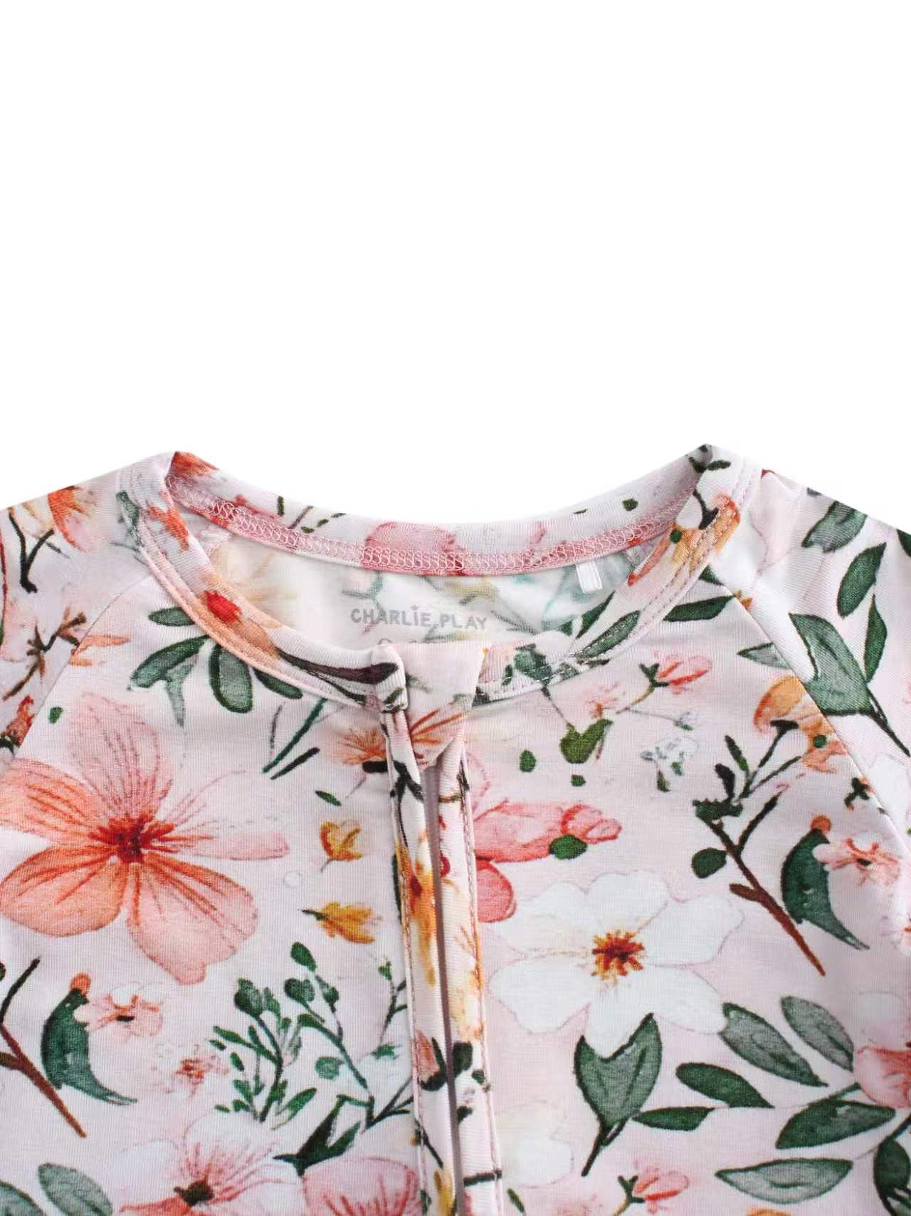 PoshTOT Pink Small Floral Print Bamboo Baby Shorty Zippy Romper