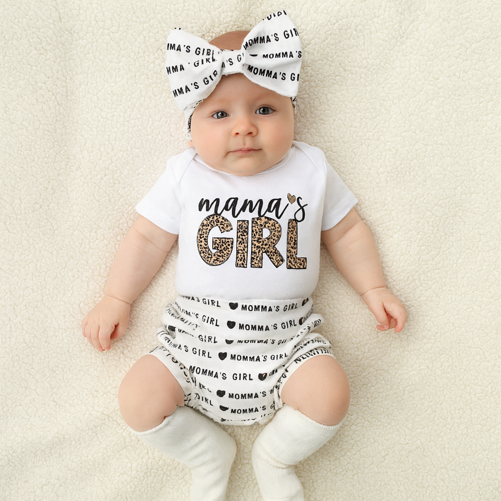 Mama's Girl Bummies, Bodysuit & Head-Wrap Bow Set