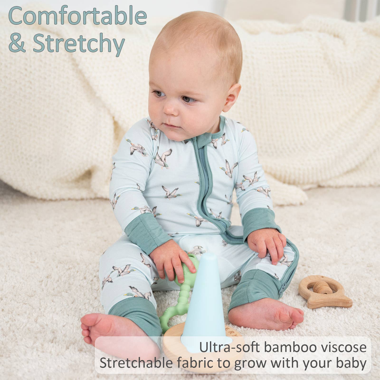 LollyBanks Bamboo Baby Pajama | Quack Up Mallard Duck Convertible Zipper Romper