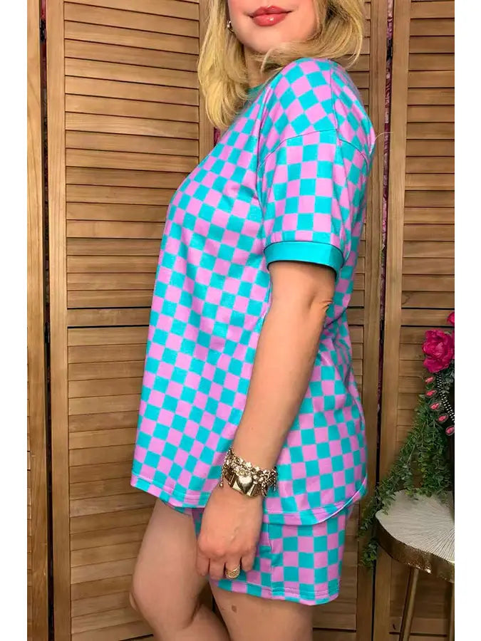 Short sleeve checkered lounge set