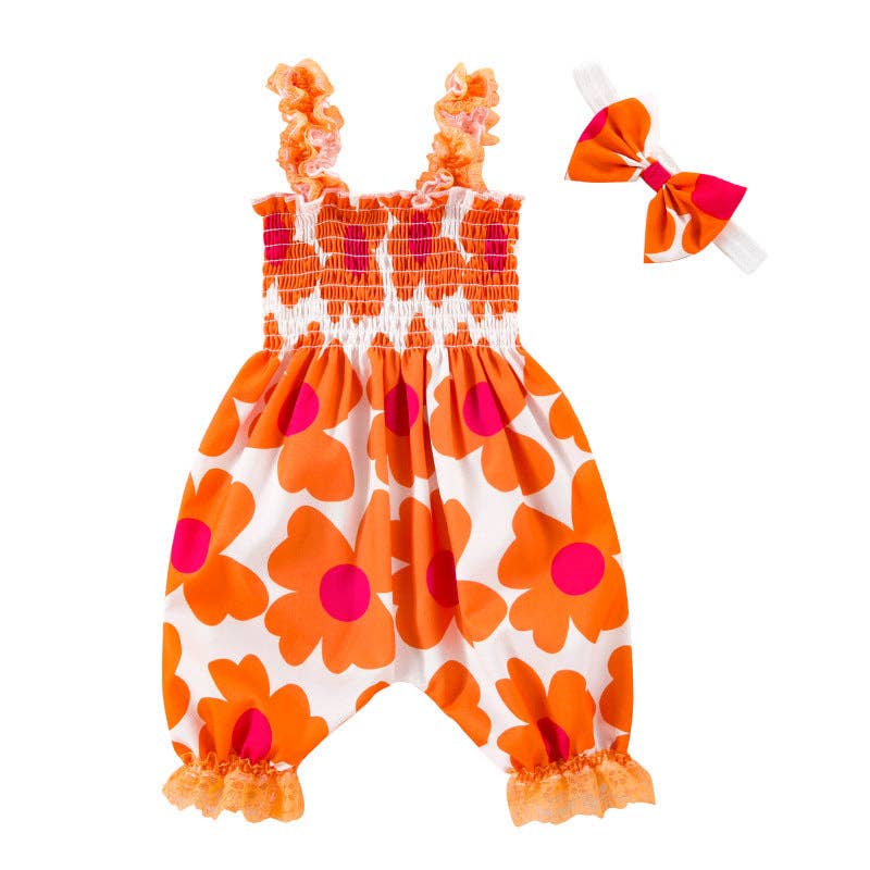 Floral Print Lace Romper Set for Baby Girls