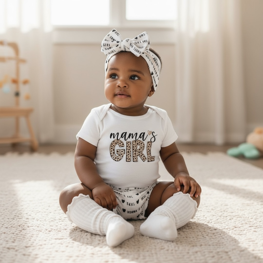 Mama's Girl Bummies, Bodysuit & Head-Wrap Bow Set