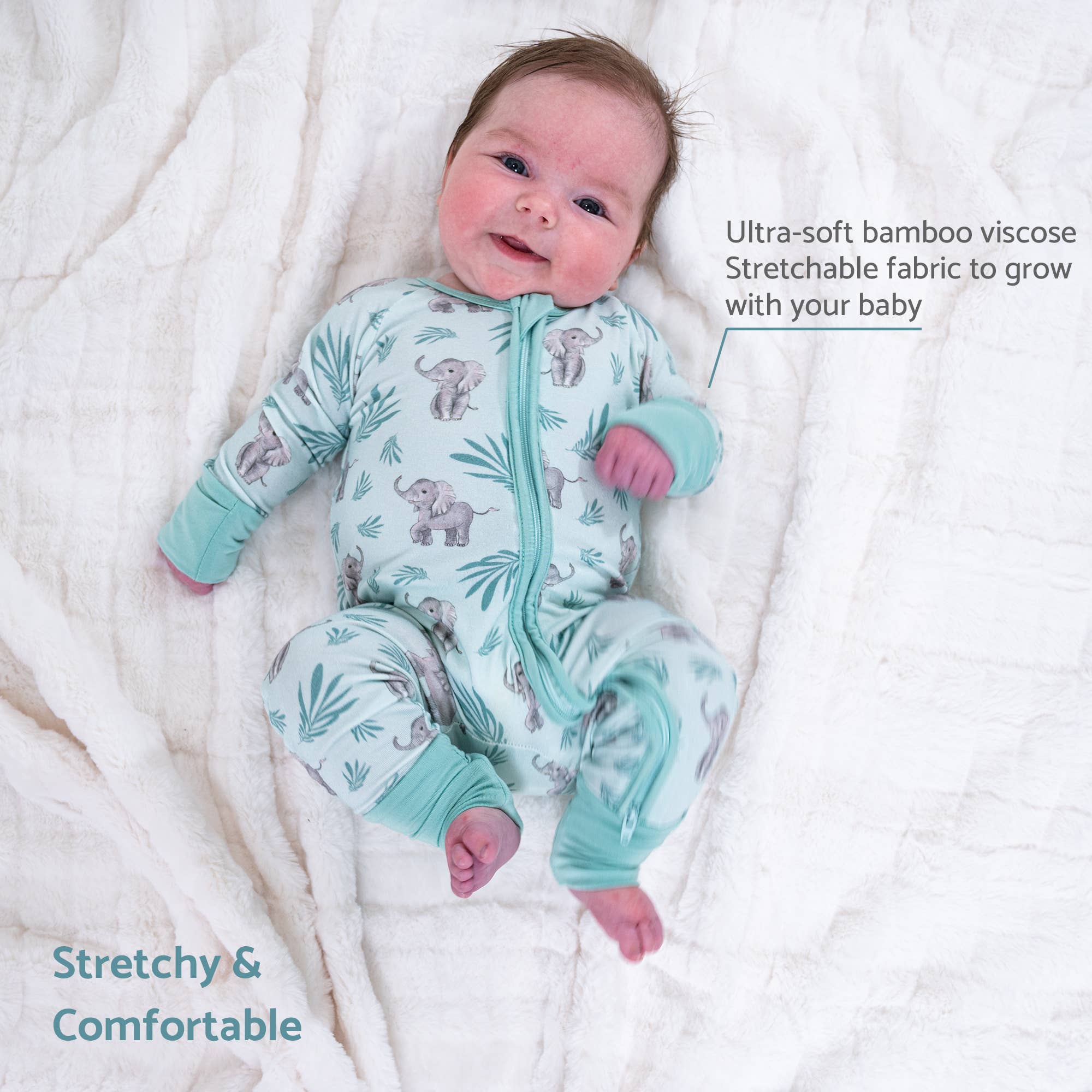 LollyBanks Bamboo Baby Pajama | Elephant Print Convertible Zipper Romper