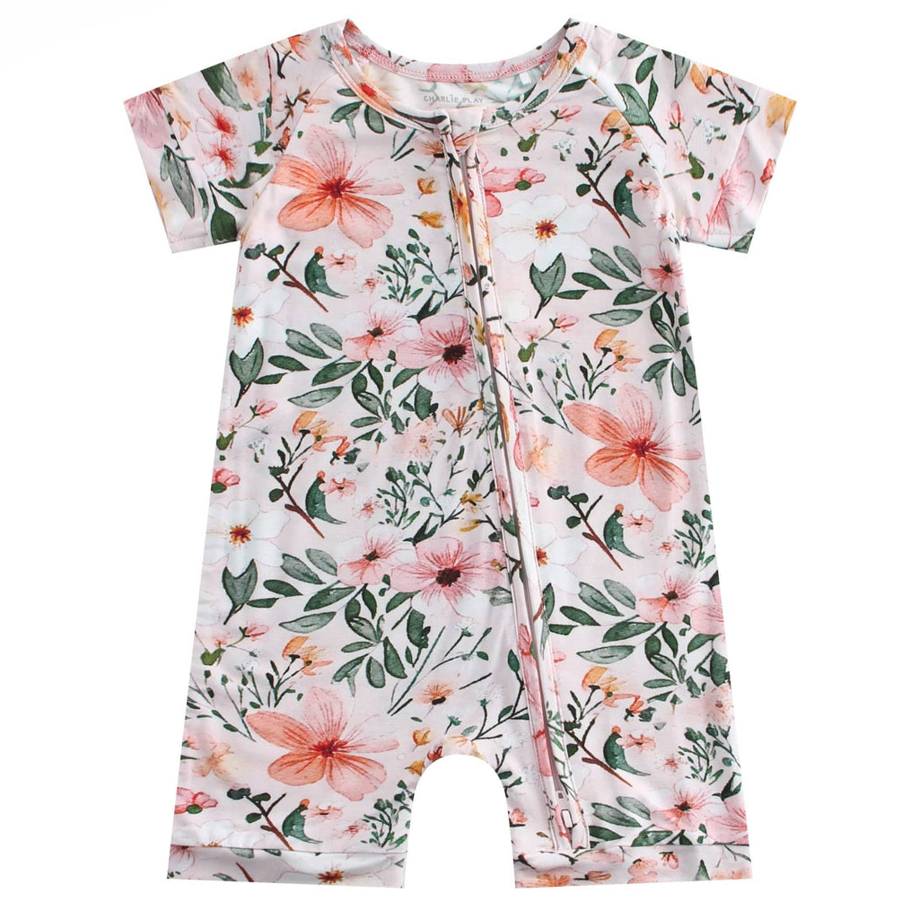 PoshTOT Pink Small Floral Print Bamboo Baby Shorty Zippy Romper