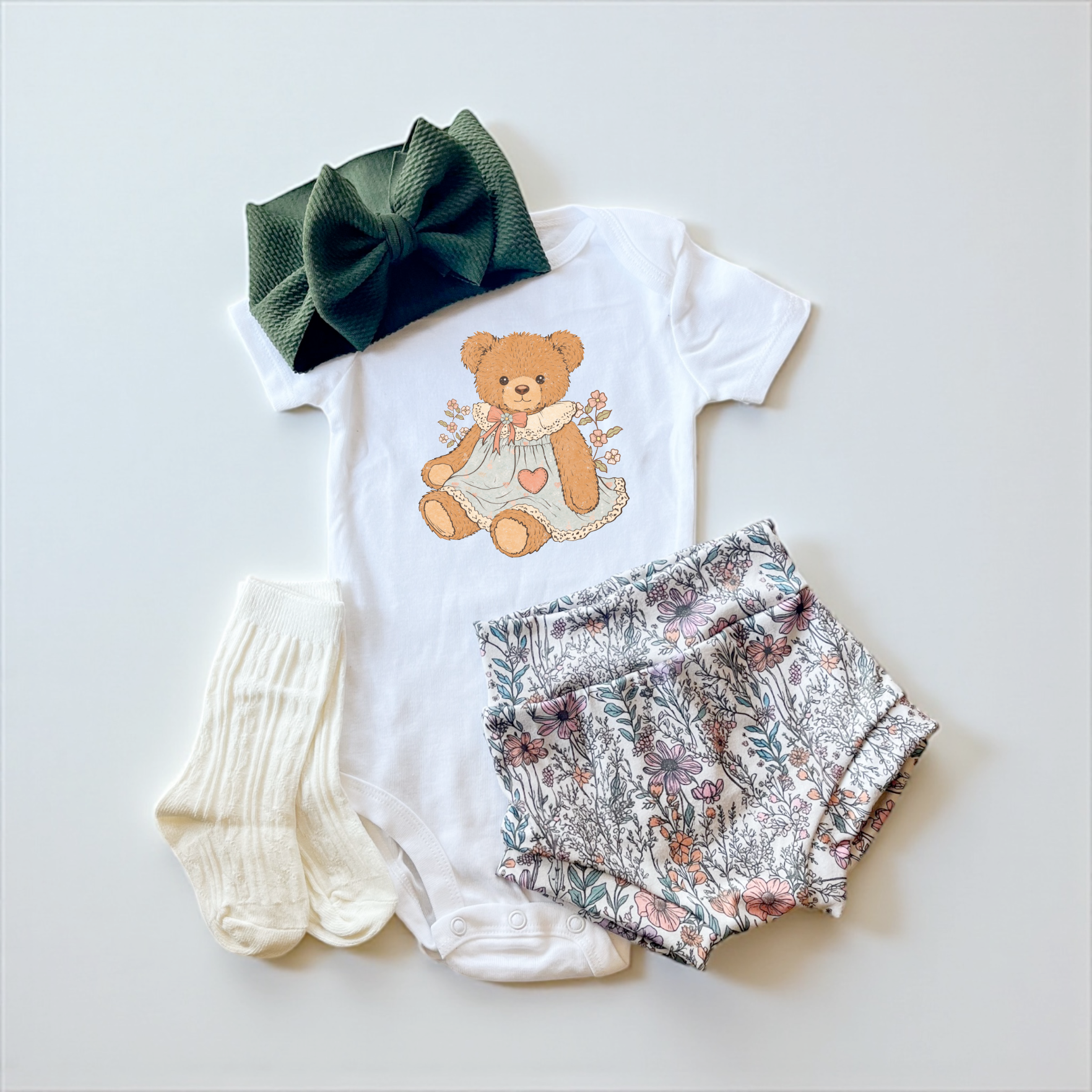 Vintage Teddy Baby Girl Bummies & Bodysuit Set